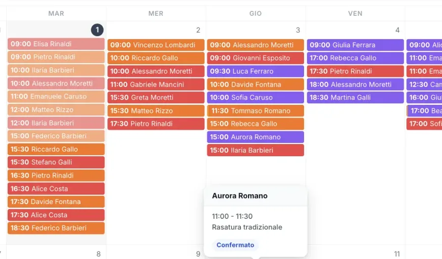 Il mese intero, con gli appuntamenti colorati per operatore