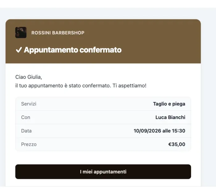 La pagina Email del pannello: l'elenco dei template a sinistra e l'anteprima del messaggio a destra
